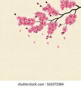 Japanese Sakura. Lush branch dark pink cherry blossom. On the background of the texture of the rice paper. Vector illustration