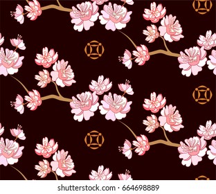 Japanese sakura seamless pattern. Flowers and emblems with blossom branch on black background.