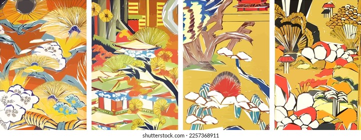 Japanese Sakura Traditional Art vector illustration set. Spring cherry blossom season.