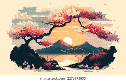 Japanese sakura tree against the backdrop of mountains and a river during sunset. Painted in watercolor. Flat vector illustration.