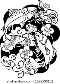 Japanese Salmon and flower for painting on wallpaper and background.