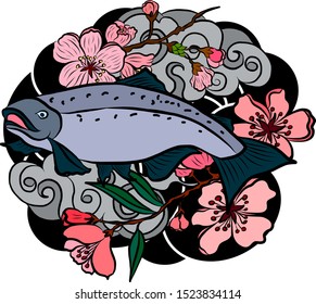 Japanese Salmon and flower for painting on wallpaper and background.
