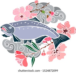 Japanese Salmon and flower for painting on wallpaper and background.