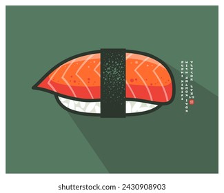 Japanese Salmon Nigiri Sushi. Rice with fresh fish and nori seaweed. Icon with English text like of Japanese characters.