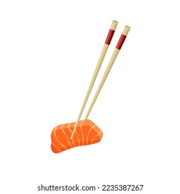 Japanese salmon sashimi. Chopsticks holding raw sliced fish. Traditional Asian food. Vector illustration in trendy flat style isolated on white background.