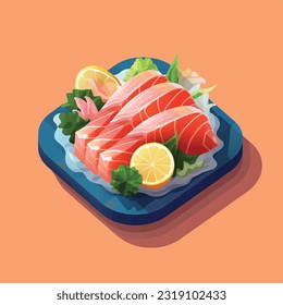 Japanese Salmon Sashimi in flat vector and isometric style