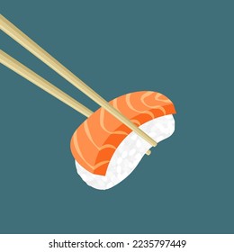 Japanese salmon sushi. Chopsticks holding raw sliced fish with rice. Traditional Asian food. Vector illustration in trendy flat style isolated.