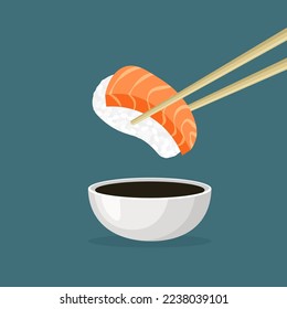 Japanese salmon sushi. Chopsticks holding raw fish dipped in soy sauce. Traditional Asian food. Top view. Vector illustration in trendy flat style isolated.