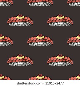 japanese salmon sushi with mayonnaise sauce and spawn fish eggs seamless pattern