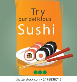 Japanese salmon sushi restaurant, rolls rice sale elements. Ad for seafood kitchen, chef bento menu, business advertising. Social media promotional posts. Realistic elements. Vector banner template