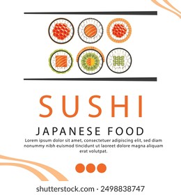 Japanese salmon sushi restaurant, rolls rice sale elements. Ad for seafood kitchen, chef bento menu, business advertising. Social media promotional posts. Realistic elements. Vector banner template