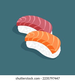 Salmón japonés y sushi de atún. Pescado crudo cortado con arroz. Cocina asiática tradicional. Ilustración vectorial aislada al estilo moderno y plano.