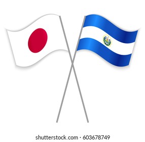 Japanese and Salvadoran crossed flags. Japan combined with El Salvador isolated on white. Language learning, international business or travel concept.