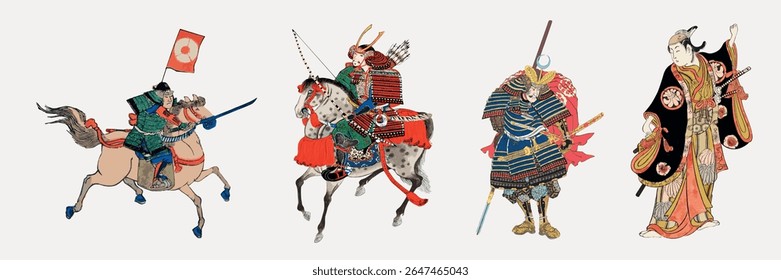Arte samurai japonesa retratando guerreiros em armadura tradicional. Samurai a cavalo, samurai com espadas e samurai em trajes cerimoniais. Cores vibrantes. Ilustrações asiáticas, conjunto de elementos.