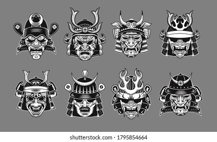 Japanese samurai black masks flat icon set. Japan traditional vintage warrior or fighter clipart isolated vector illustration collection. Military art and design elements concept