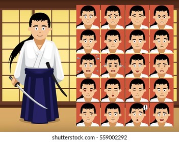 Japanese Samurai Cartoon Emotion faces Vector Illustration