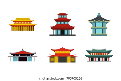 Japanese samurai castle icon set. Flat set of japanese samurai castle vector icons for web design isolated on white background