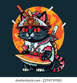 japanese samurai cat vector art illustration