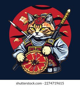 japanese samurai cat vector art illustration
