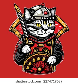 japanese samurai cat vector art illustration