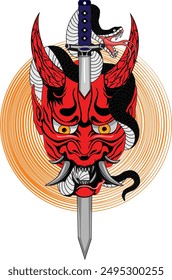 Japanese Samurai Demon Oni Mask With Sword And Snake