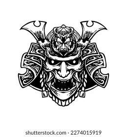 japanese samurai with devil mask line art