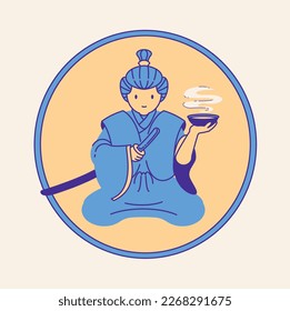 Japanese samurai drink tea badge design in tea ceremony vector illustration