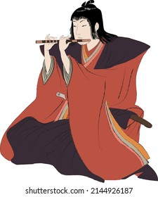 Japanese samurai flute player in kimono vector illustration. Asian traditional music art and culture in Japan or China. Vintage japanese costume drawing.