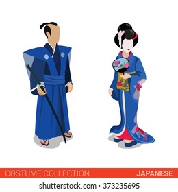 Japanese Samurai and Geisha couple. Flat 3d isometric web site vector illustration. People in traditional costume collection.