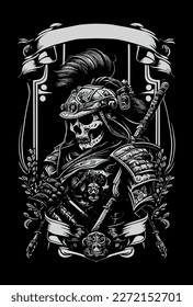 Japanese samurai heraldic banner black and white hand drawn illustration
