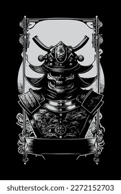 Japanese samurai heraldic banner black and white hand drawn illustration