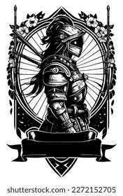 Japanese samurai heraldic banner black and white hand drawn illustration