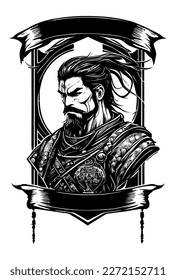Japanese samurai heraldic banner black and white hand drawn illustration