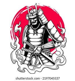 Japanese samurai holding katana black and white artwork vector illustration