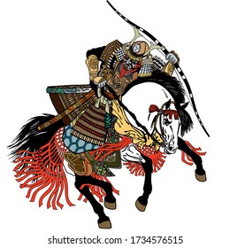 Japanese Samurai Horse Rider Dressed In Full Leather Armor, Helmet And War Mask. East Asia Archer Horseman Holding A Bow. Medieval Asian Warrior Sitting On Horseback And Riding Pony In The Gallop