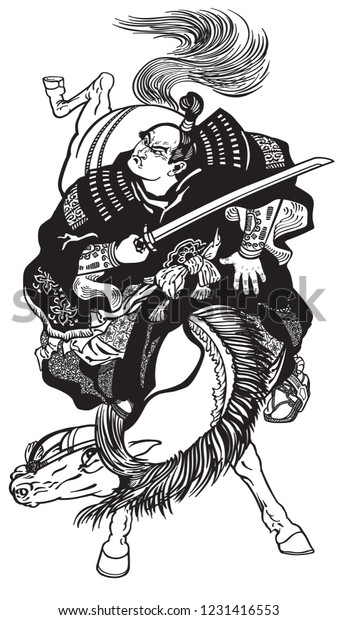 日本の侍は馬に乗って刀を持つ 中世のアジア人の騎馬武者 白黒のタトゥースタイルのベクターイラスト のベクター画像素材 ロイヤリティフリー
