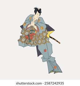 Japanese samurai illustration in traditional attire, holding a sword. Samurai art features intricate patterns, showcasing Japanese culture and samurai heritage. Vintage Japanese illustration vector.