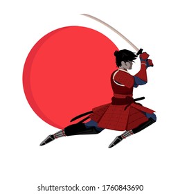 Japanese samurai jumping. Color vector flat cartoon illustration.