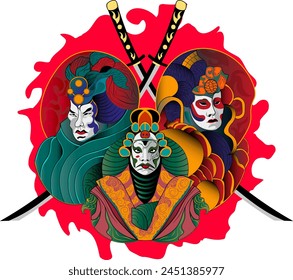 Japanese samurai. Kabuki actors. Illustration for design bags, posters, mugs, t-shirts.Vector illustration.