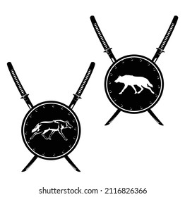 japanese samurai katana swords and round metal shield with running wolf silhouette for security concept black and white vector emblem design