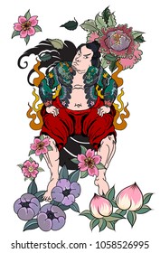 Japanese Samurai with koi carp and dragon tattoo full body.Hand drawn Traditional Japanese men vector.Samurai with cherry blossom and koi carp.Traditional Japanese tattoo style.
