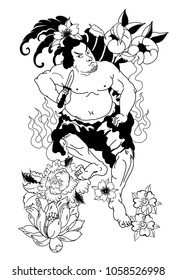 Japanese Samurai with koi carp and dragon tattoo full body.Hand drawn Traditional Japanese men vector.Samurai with cherry blossom and koi carp.Traditional Japanese tattoo style.