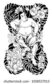 Japanese Samurai with koi carp and dragon tattoo full body.Hand drawn Traditional Japanese men vector.Samurai with cherry blossom and koi carp.Traditional Japanese tattoo style.