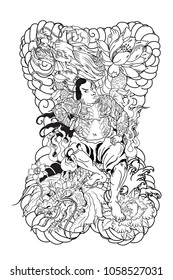Japanese Samurai with koi carp and dragon tattoo full body.Hand drawn Traditional Japanese men vector.Samurai with cherry blossom and koi carp.Traditional Japanese tattoo style.