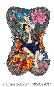 Japanese Samurai with koi carp and dragon tattoo full body.Hand drawn Traditional Japanese men vector.Samurai with cherry blossom and koi carp.Traditional Japanese tattoo style.