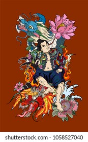 Japanese Samurai with koi carp and dragon tattoo full body.Hand drawn Traditional Japanese men vector.Samurai with cherry blossom and koi carp.Traditional Japanese tattoo style.