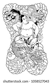 Japanese Samurai with koi carp and dragon tattoo full body.Hand drawn Traditional Japanese men vector.Samurai with cherry blossom and koi carp.Traditional Japanese tattoo style.