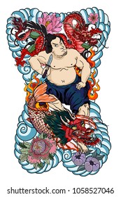 Japanese Samurai with koi carp and dragon tattoo full body.Hand drawn Traditional Japanese men vector.Samurai with cherry blossom and koi carp.Traditional Japanese tattoo style.