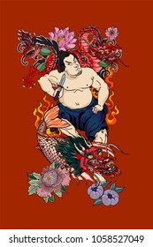 Japanese Samurai with koi carp and dragon tattoo full body.Hand drawn Traditional Japanese men vector.Samurai with cherry blossom and koi carp.Traditional Japanese tattoo style.