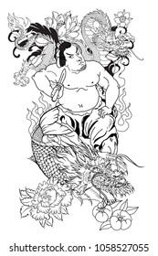 Japanese Samurai with koi carp and dragon tattoo full body.Hand drawn Traditional Japanese men vector.Samurai with cherry blossom and koi carp.Traditional Japanese tattoo style.